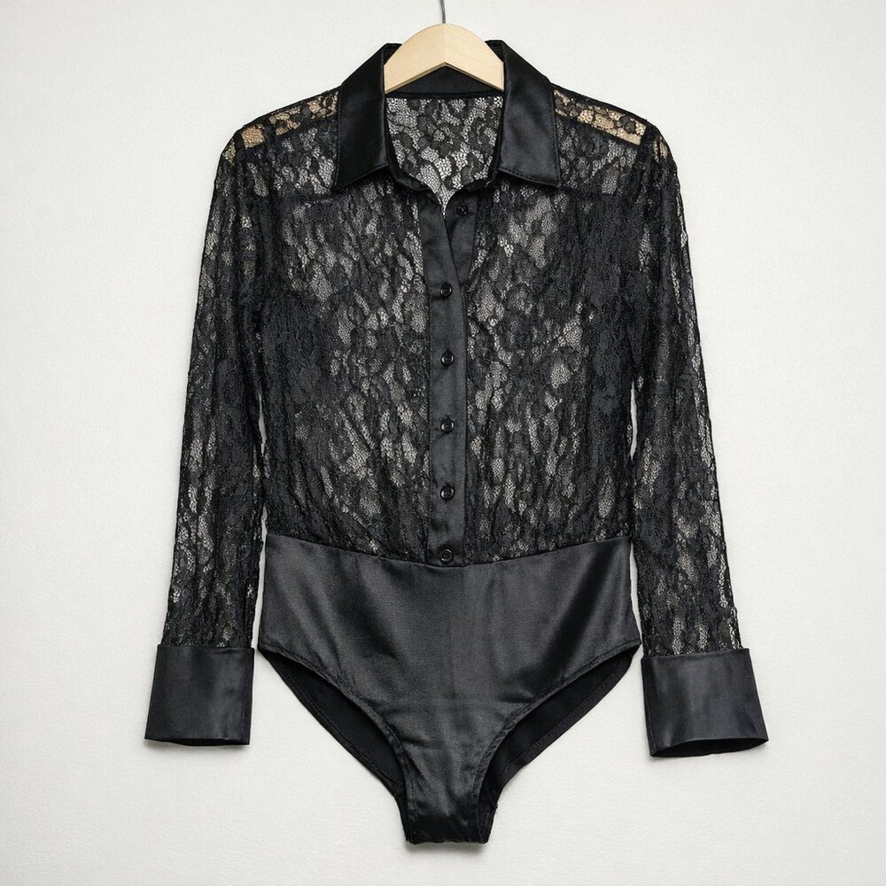 Anthropologie Black Lace Button Front Bodysuit Satin Trim Long Sleeve S - Picture 3 of 7